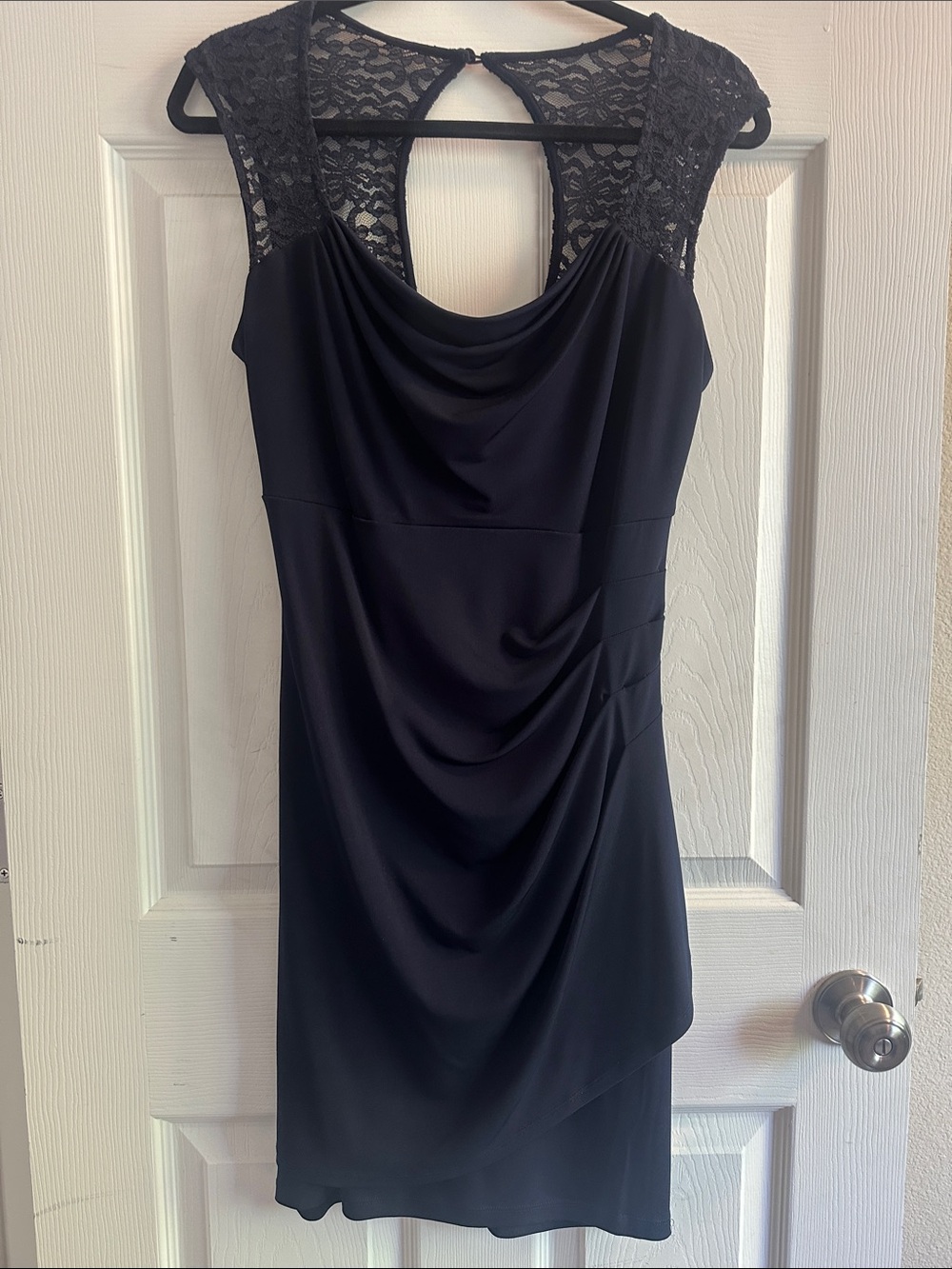 Navy Blue Lace-Trim Cowl Neck Sheath Dress